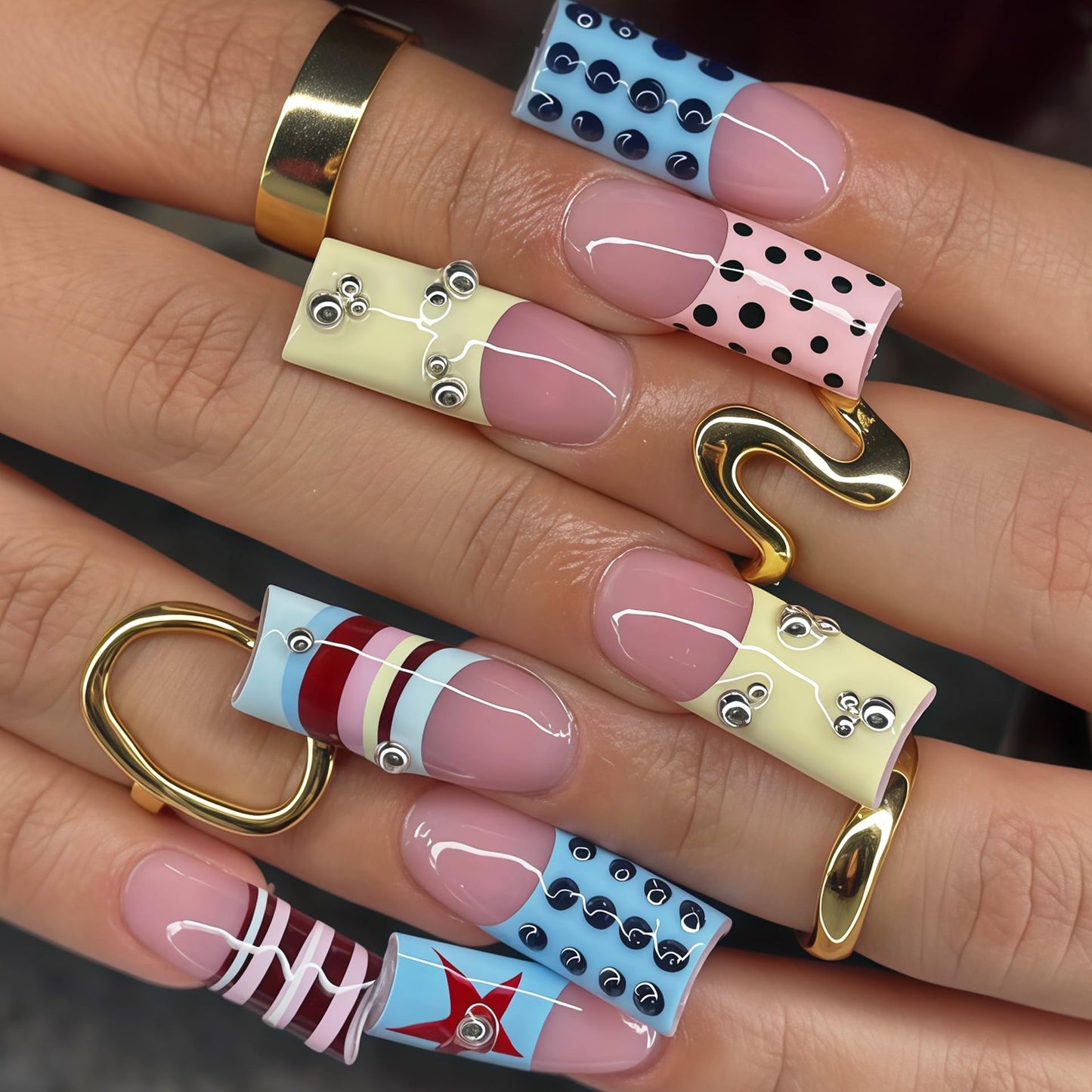CTTHNBD Square Press on Nails Long - French Tip Fake Nails with Polka Dot Star Design - Summer False Nails Press ons - for Women 24 Pcs