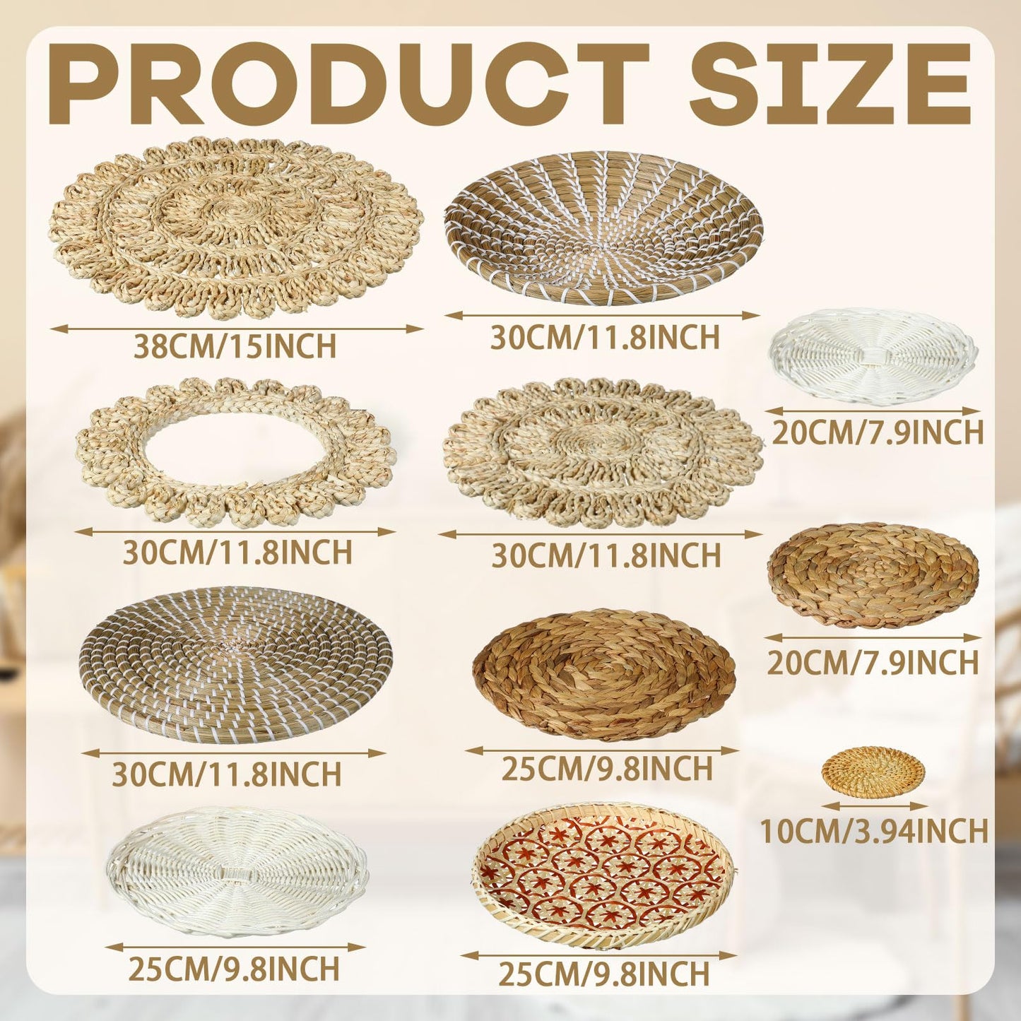 Xuhal 15 Pcs Boho Wall Basket Decor Handcrafted Seagrass Woven Wall Basket Rustic Round Woven Hanging Art for Home Farmhouse Kitchen Table Living Room(Fresh Style)