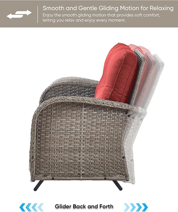 HUMMUH Patio Furniture Wicker Outdoor Furniture Sets High Back Outdoor Glider Bench with Patio Swivel Chairs Patio Conversation Sets for Deck Lawn Porch Balcony Poolside-Grey/Red