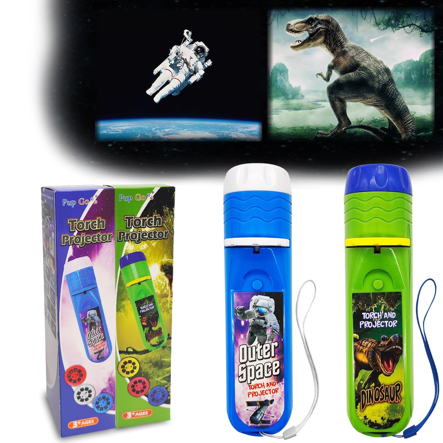 Pup Go 2-Pack Dinosaur & Outer Space Torch and Projector for Kids Ages 3+ Years Old, 6 Discs and 48 Images, Dinosaur Toys for Boys, Cool Kids Torch, Educational Science Kits for Toddlers and Children