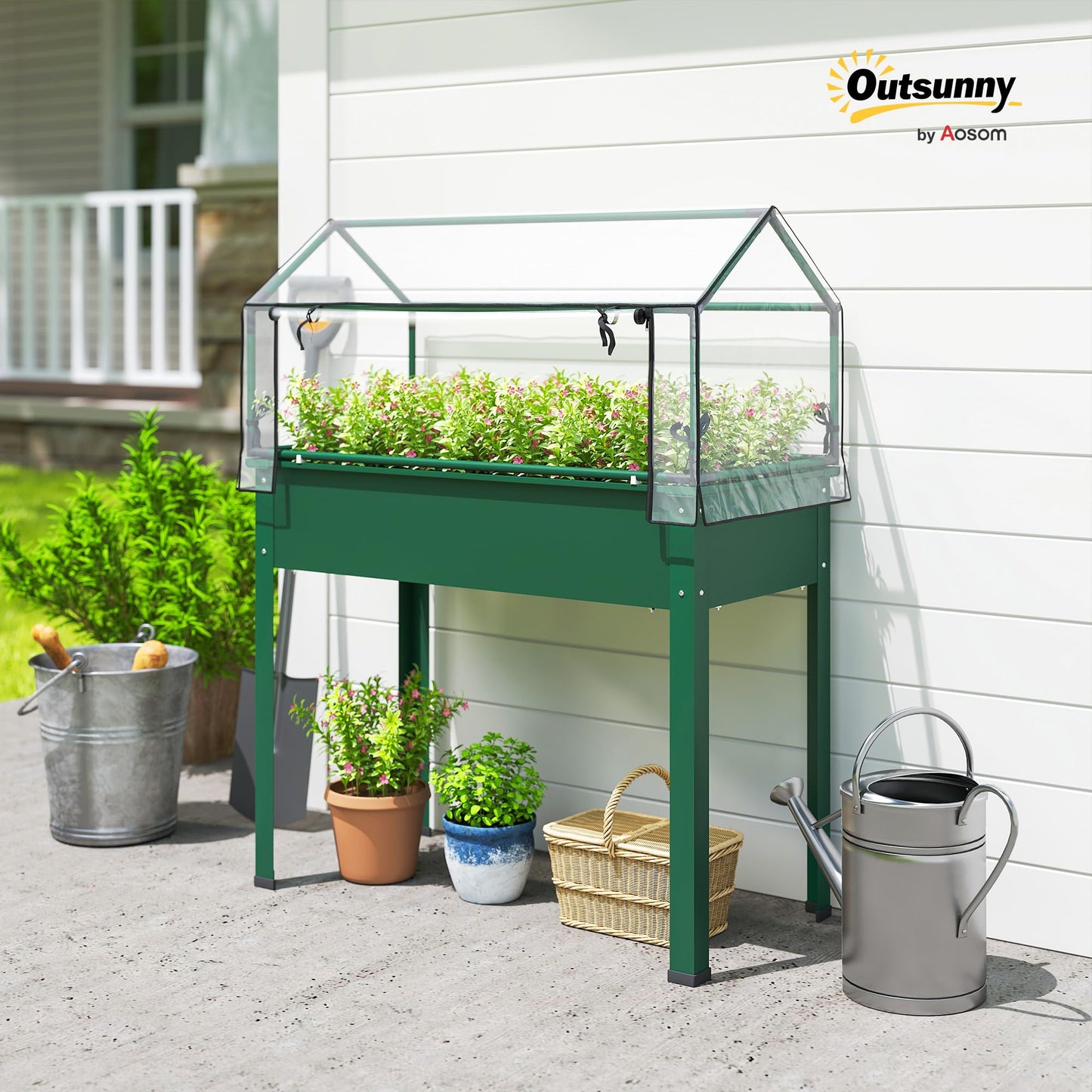 Outsunny Raised Garden Bed with Greenhouse Cover, Elevated Planter Box with Legs and Drainage Hole for Vegetables Flowers Herbs, 39.4" x 18.9" x 48.8", Green