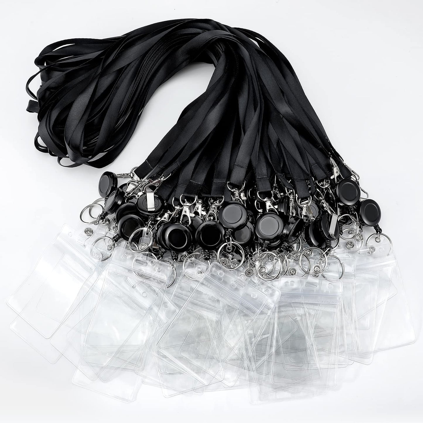 Woanger 50 Sets Black Lanyards with Retractable Reel Solid Color Black Lanyards Bulk Retractable with Vertical PVC Name Badge Holders