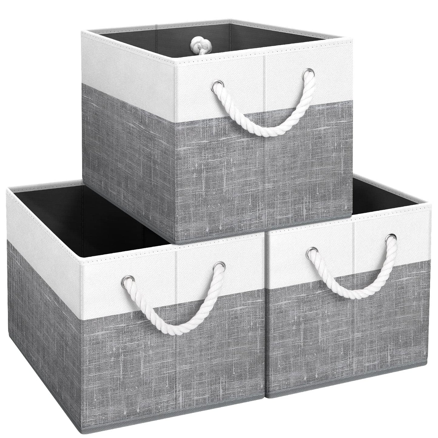 Fab totes Storage Bins 3-Pack, Foldable Storage Baskets for Organizing Toys, Books, Shelves, Closet, Large Storage Box with Rope Handles, Sturdy Organizer Bins, White & Grey