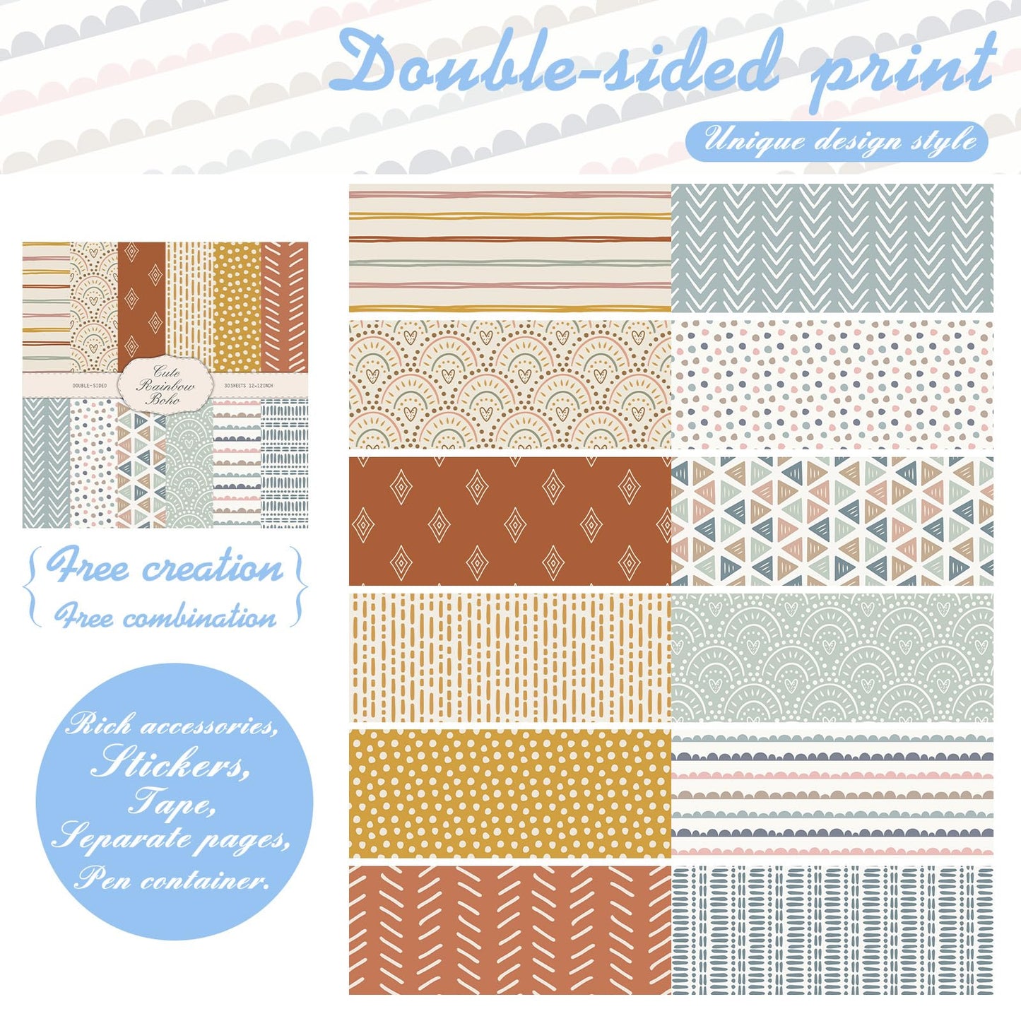 Honoson 30 Sheets Scrapbook Paper Supplies Junk Journal 12x12 Scrapbooking Supplies Boho Floral, Decoupage Paper Scrap Book Decorative First Day of Art School Back to School Craft 160 GSM(Boho)