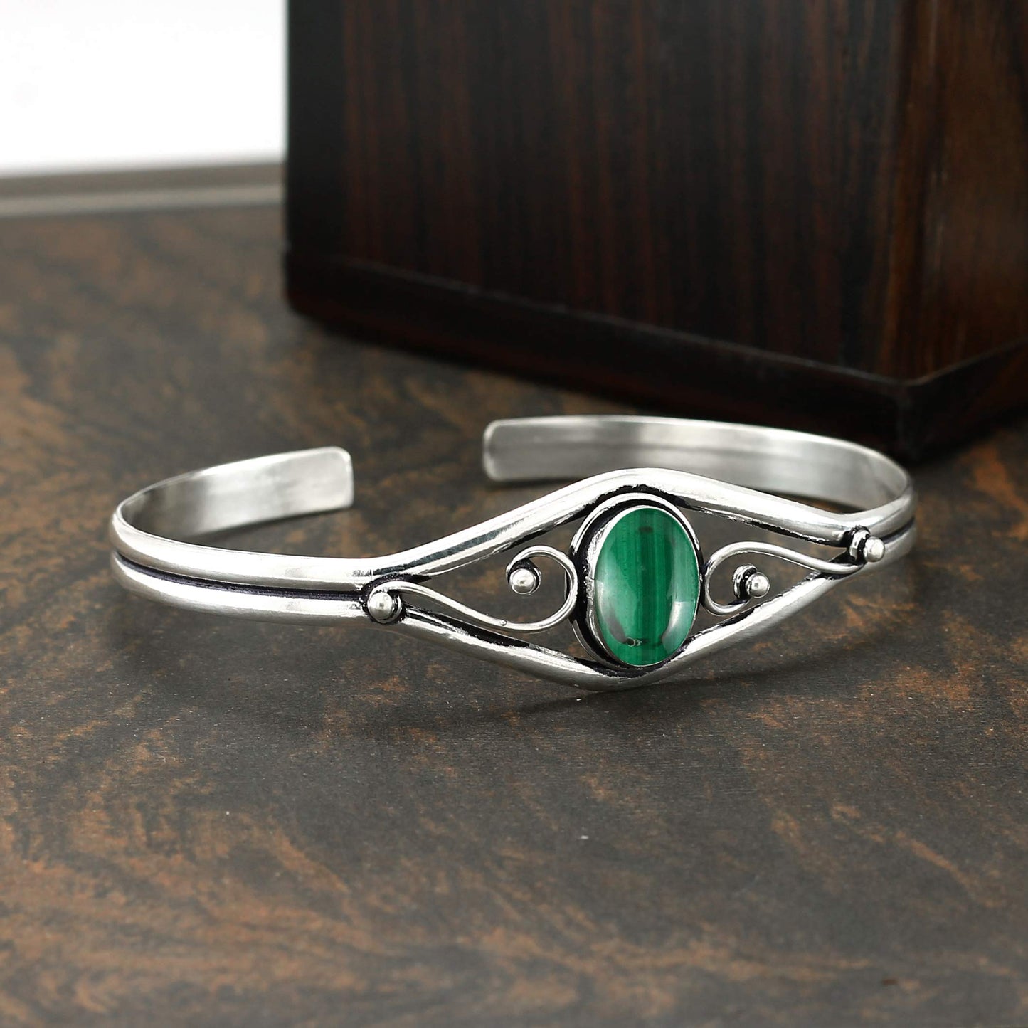 925 Silver Plated Natural Malachite Cuff Bangle Bracelet for Women – Handmade Open Bangle – Green Gemstone April Birthstone Statement Jewelry – Gift for Her