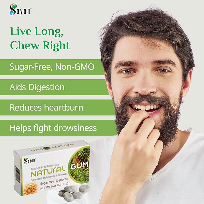 Sayan Sugar Free All Natural Gum, Siberian Larch Tree Resin and Beeswax Chewing Gum for Fresh Breath, Vegetarian, Non-GMO, No Sugar, Gluten Free, Aspartame Free, No Preservatives - 2 Packs (32 Pieces)