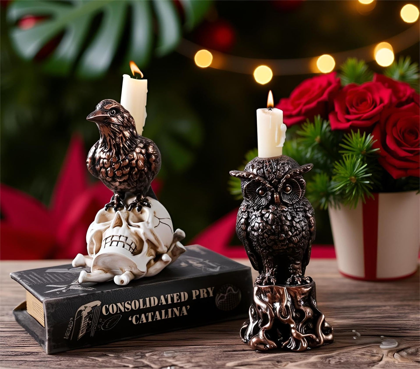 Gothic Owl Candle Holder Statue– Day Decor Witchy Occult Altar Decoration, Bird of Minerva Green Shamrock Candlestick Tabletop Candelabra Statue for Home Room (Owl)