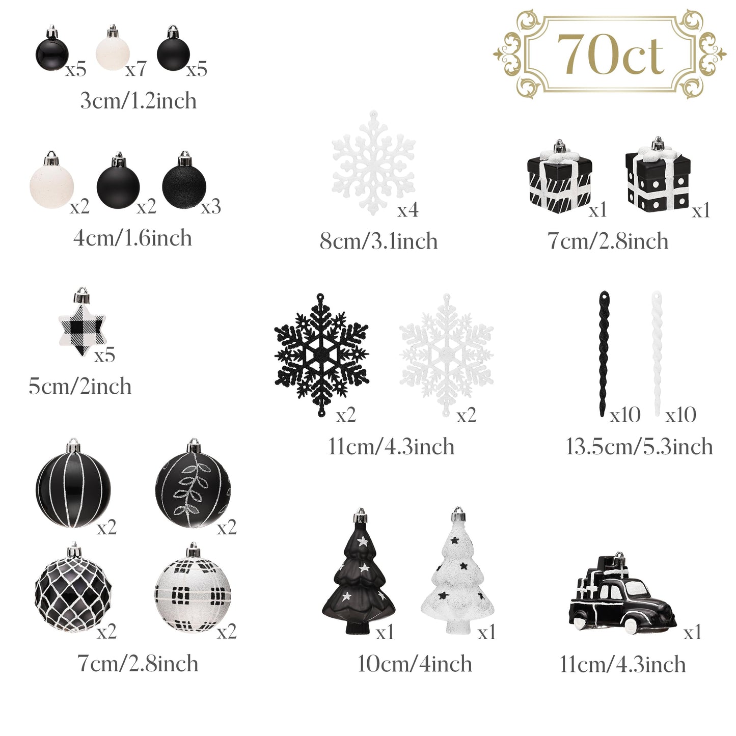 Valery Madelyn Christmas Tree Ornaments Set, 70ct Black and White Shatterproof Christmas Tree Decorations Bulk, Variety Modern Decorative Hanging Ball Ornaments for Xmas Trees Holiday Decor