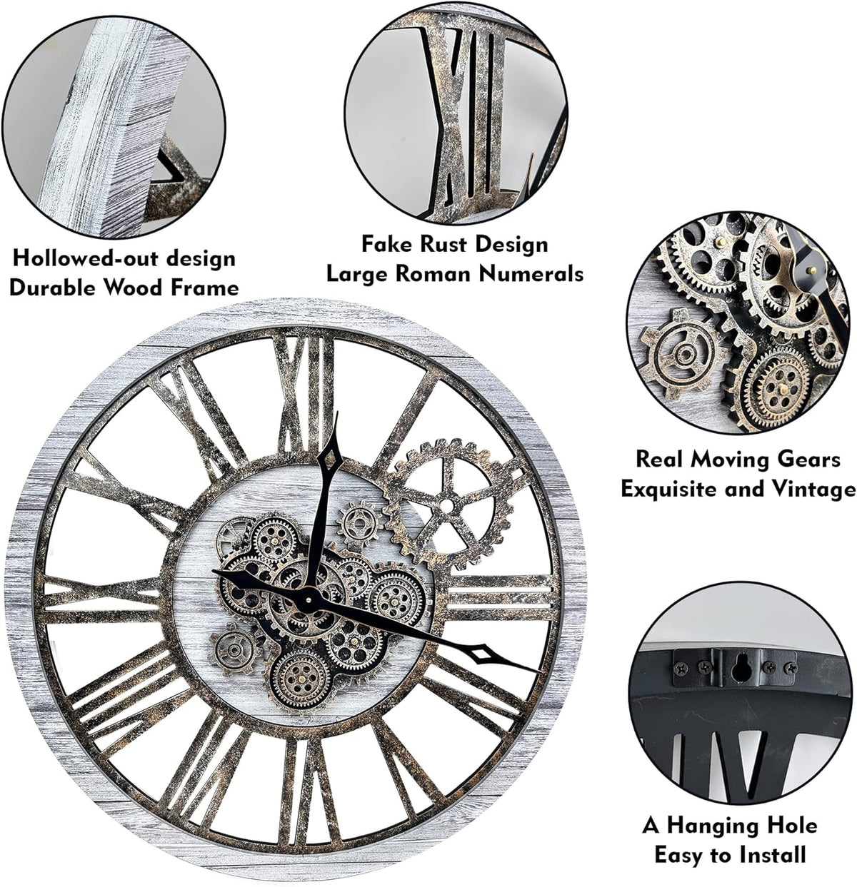 The B-Style Large Real Moving Gears Wall Clock 30 inch Rustic Retro Industrial Farmhouse Wood Clock Oversized Decorative Vintage Wall Clocks for Living Room (Gray White, 30 Inch/76CM)
