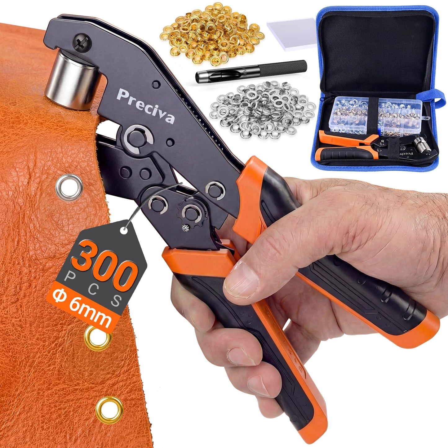 Preciva Grommet Eyelet Pliers Kit, Handheld 1/4 Inch 6mm Manual Grommet Press Machine with 300 Pcs Gold & Silver Eyelets, Storage Bag and Hole Punch for Tarp, Fabric, Banner, Canvas DIY Crafts