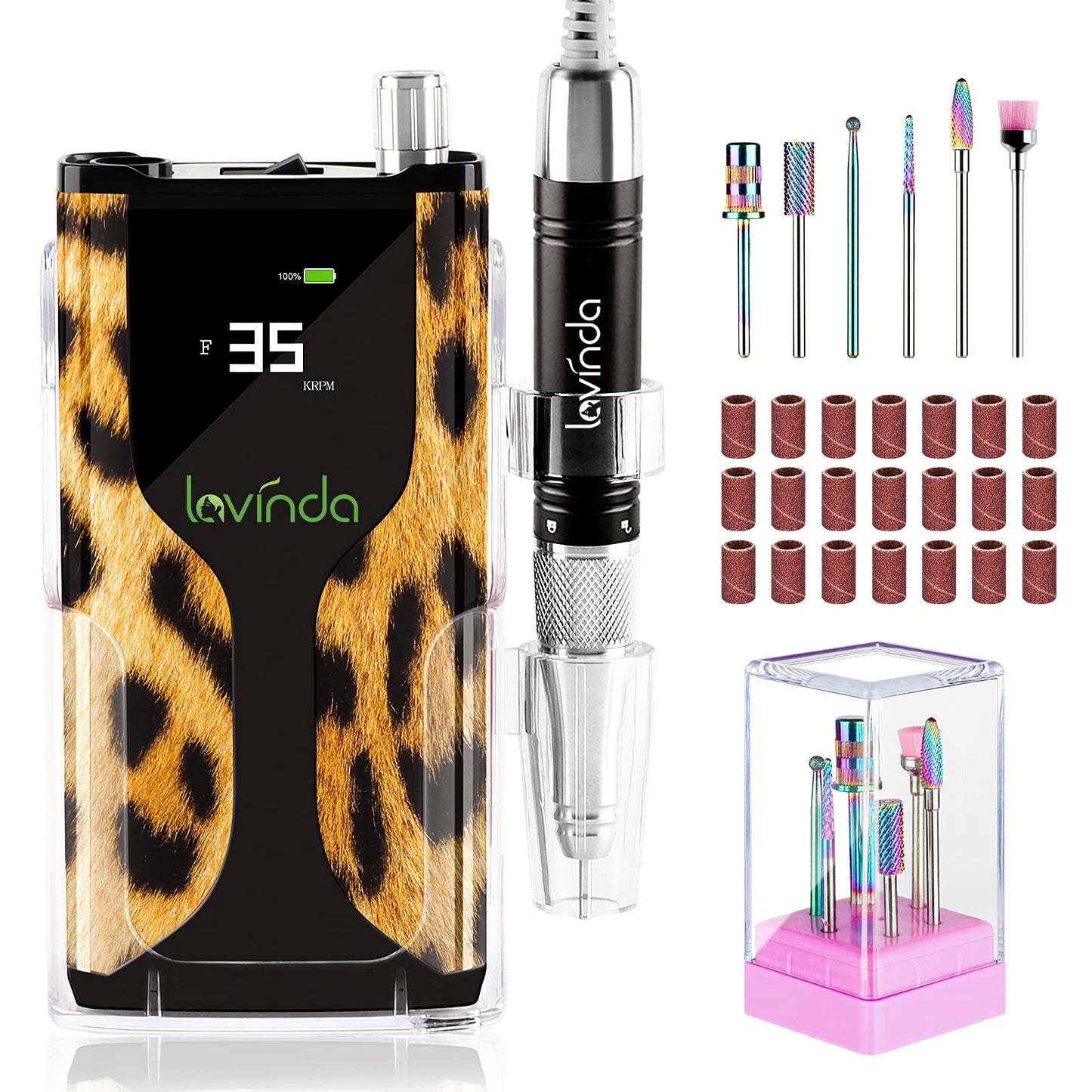 Professional Nail Drill Machine, Lavinda portable 35000RPM Electric nail drill Cordless Rechargeable Efile, Powerful Brushless Motor Electric Nail File for Acrylic Nails with Carrying Case,Black