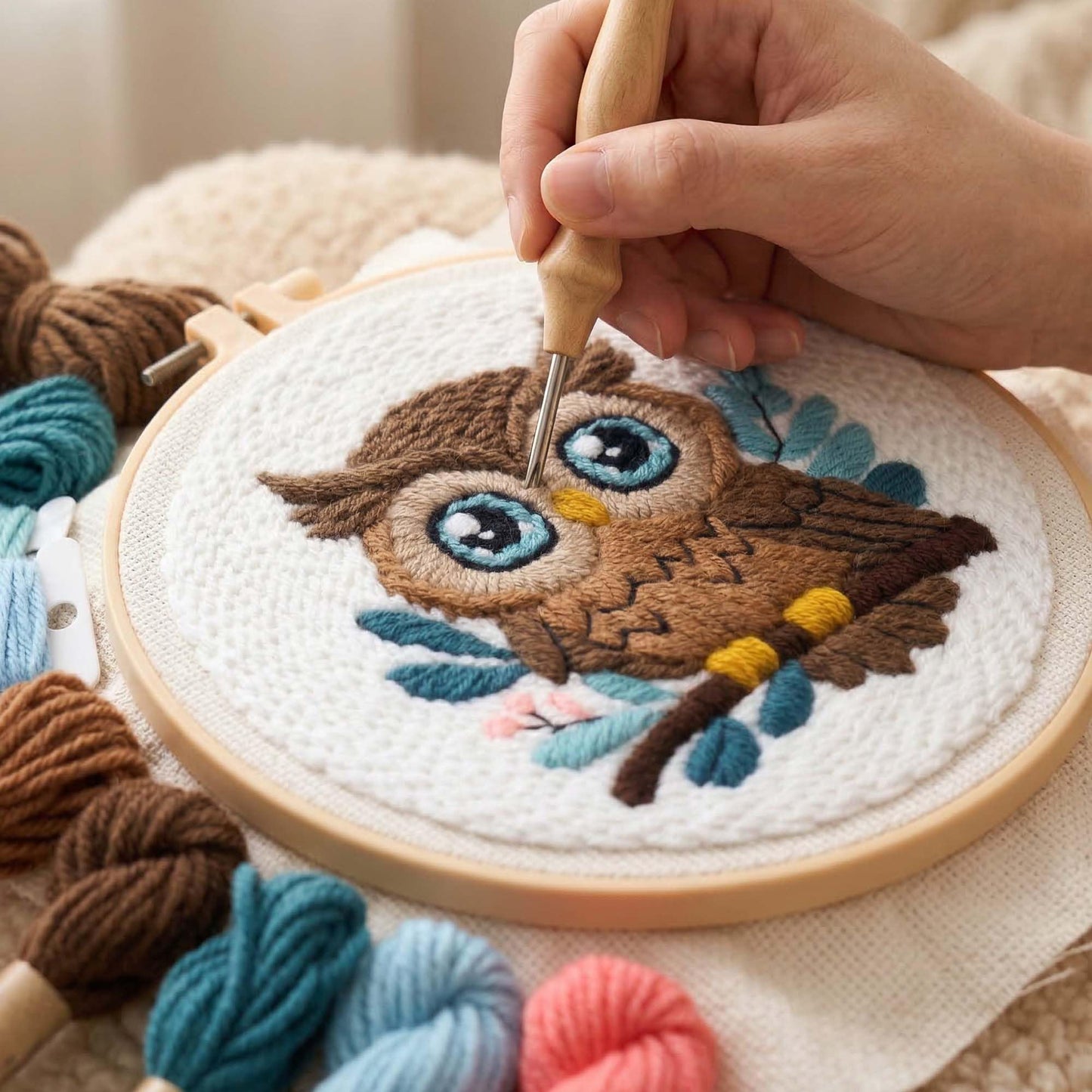 Harimau Punch Needle Kit Owl Pattern,1Pc Embroidery Hoop, Essential Punch Needle Supplies,Ideal Punch Art for Beginners,DIY Adults Embroidery, Video Teaching