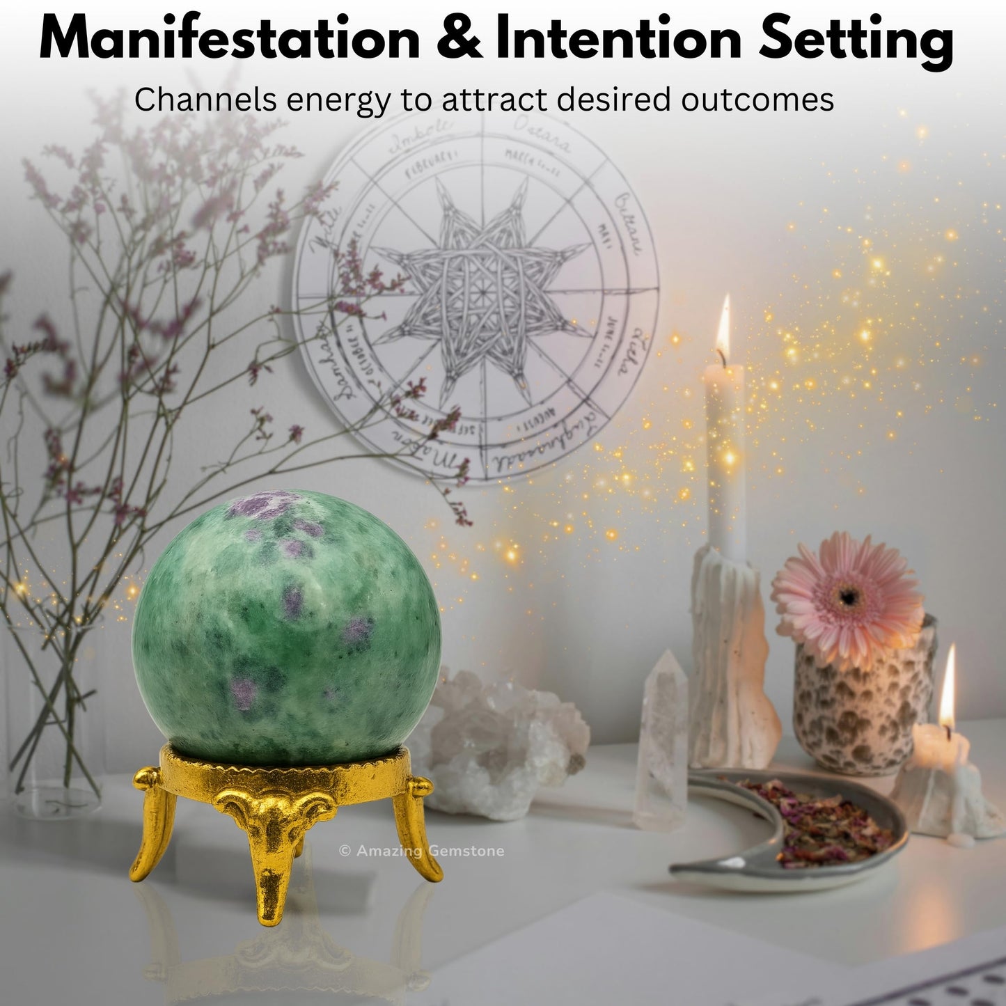 Amazing Gemstone Ruby Fuchsite Crystal Ball with Stand - 2 Inches Crystal Sphere Meditation Balls for Witchcraft and Decorative Balls