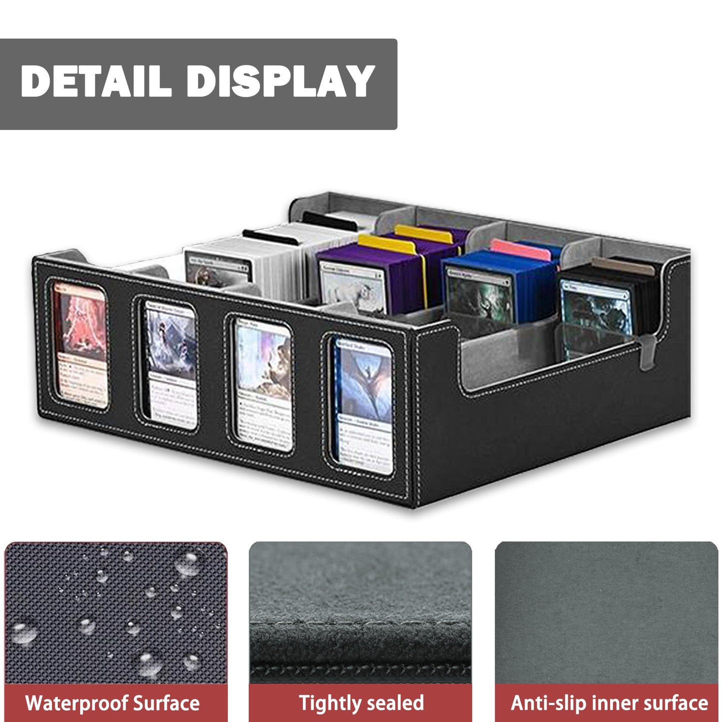 TINTEK 4-Row Trading Card Storage Box – Holds 3000+ Cards – Commander Display Slot, Magnetic Removable Lid, PU Leather Deck Box – Compatible with MTG Commander, TCG,(T2400Black&Gray)