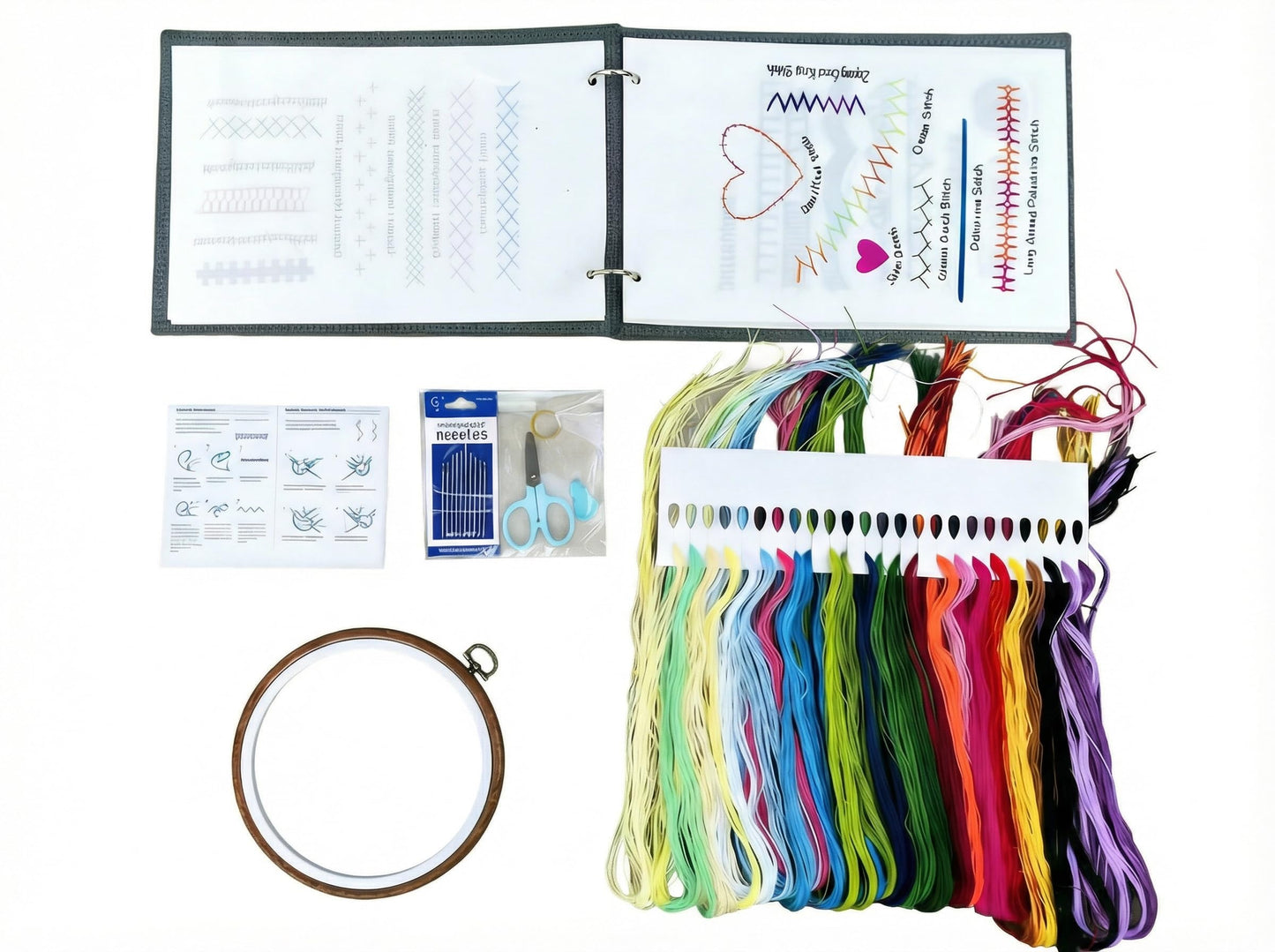 Embroidery Kit with Ring Binder Removable Pages Stitch Book, Patterns, Hoop, Floss, Needlepoint Craft Kit - Cross Stitch for Beginners and Adults
