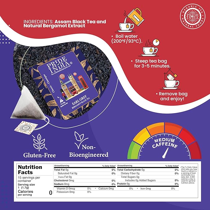 Pride of India | PACK of 6 - Earl Grey Bergamot Black Tea | 15 Pyramid Full Leaf Individually Wrapped Tea Bags | Full-Bodied, Citrusy Flavor | Single Estate Certified Tea | High Caffeine