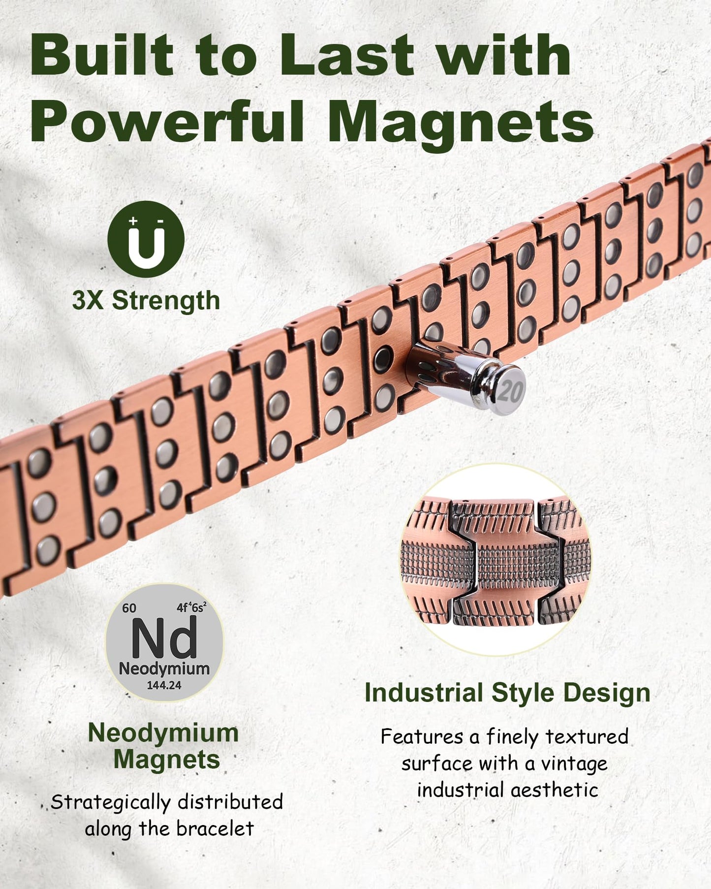 MagEnergy Copper Bracelet for Men, 3X Strength Magnetic Bracelet with 99.99% Pure Copper Ring & 3800 Gauss Magnets, Adjustable Length with Sizing Tool