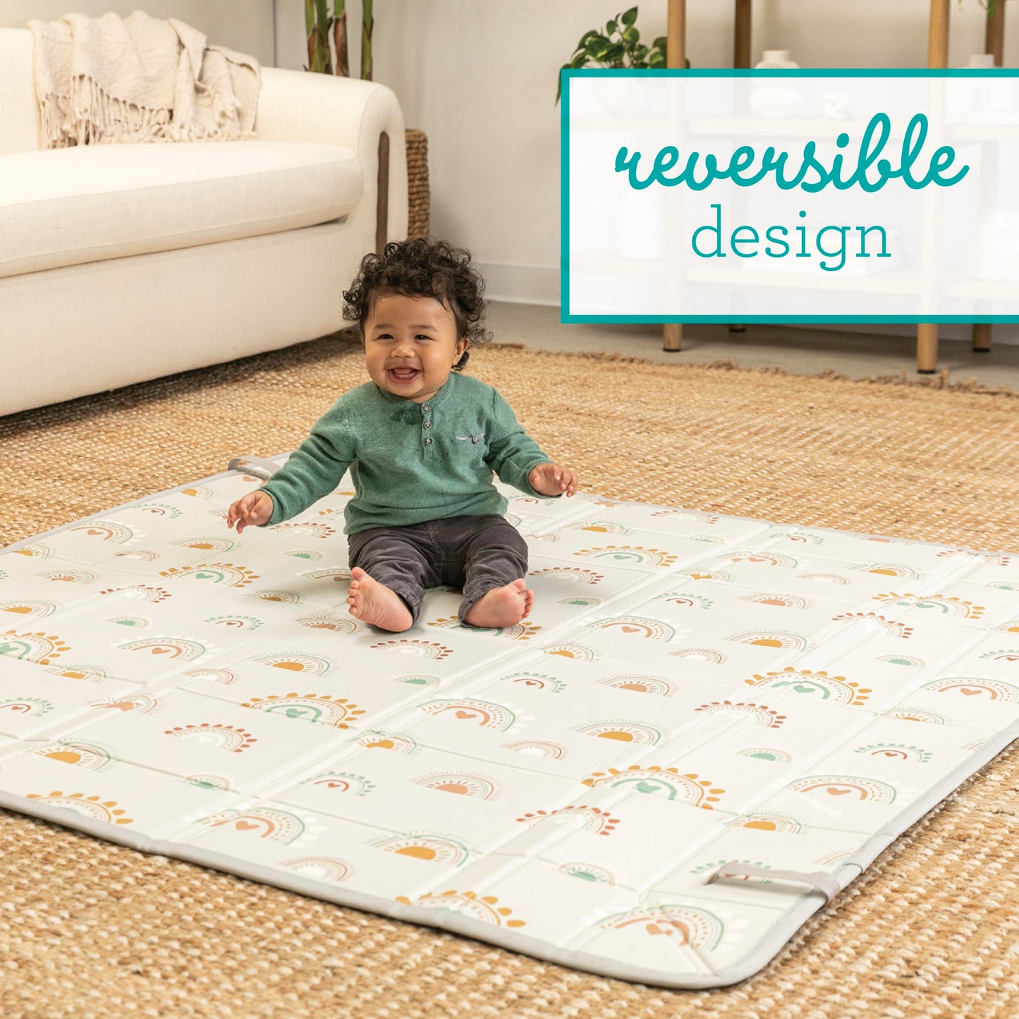 Infantino Foldable Soft Foam Play Mat, 57" Baby Mat for Floor Time, Lightweight, Easy to Store, Wipeable, Rainbows