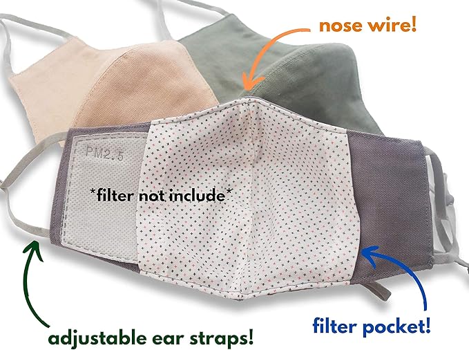 HOPE LOVE SHINE Face Mask Adjustable Filter Pocket Reusable Breathable Washable Cloth Mask Face Masks for Women Men - 3 Pack