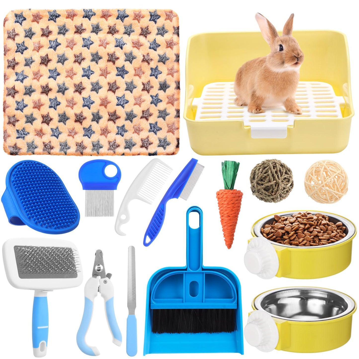 Reallnaive 15 Pcs Rabbit Starter Kit Small Rabbit Litter Box Girls Gift Animal Grooming Kit Bunny Toys Bowl Blankets with Cleaning Set for Guinea Pig Accessories(Blue)