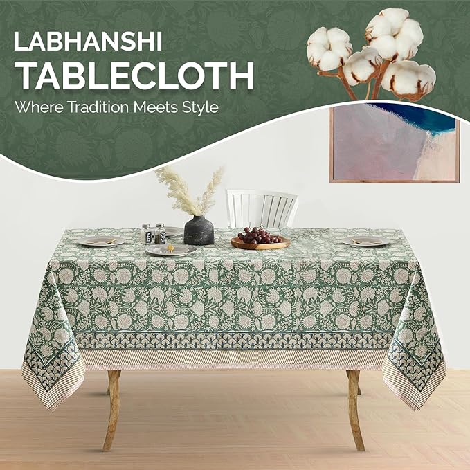 Labhanshi Indian Handblock Print Floral Cotton Rectangle 72x135 Inch 10-Seater Dining Tablecloth|Washable Spring St. Patrick Picnic Outdoor Camping Festive Easter Table Cover|Moss Green