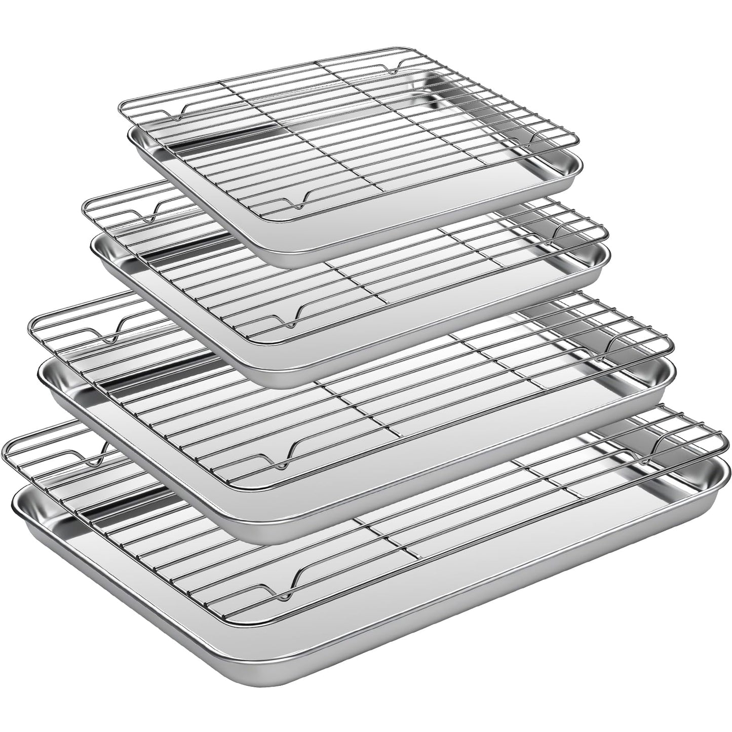 Baking Sheet Pan Set of 8, CEKEE Stainless Steel Cookie Sheets for Baking with Cooling Rack, Small/Quarter/Jelly Roll Pans, 9/10/12/16 Inch, 0.8mm Thick Heavy Duty & Non Toxic & Easy Clean