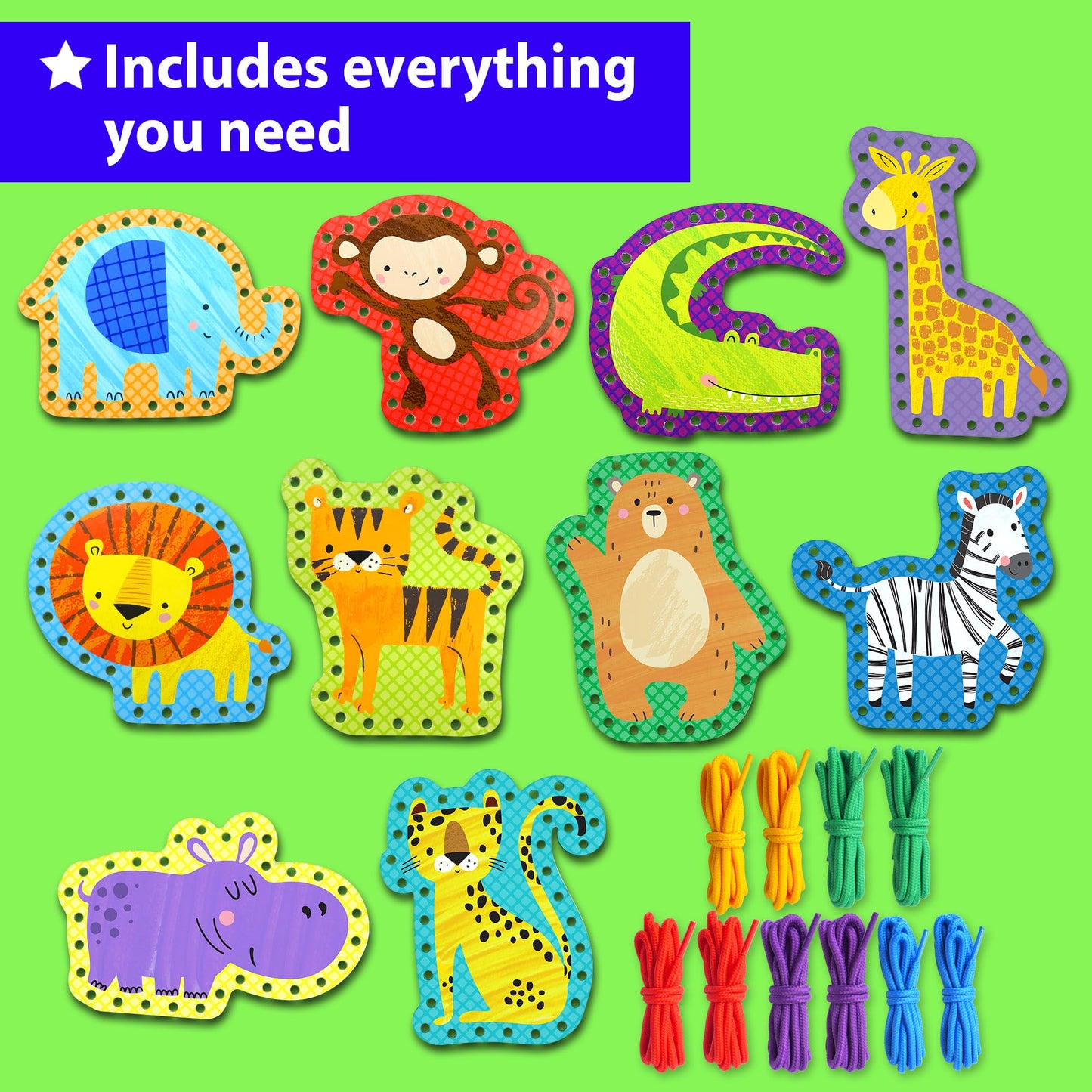 KRAFUN Safari Animal Preschool Arts & Crafts Lacing Kit, 10 Easy Lacing Cards for Toddlers Fine Motor Skills