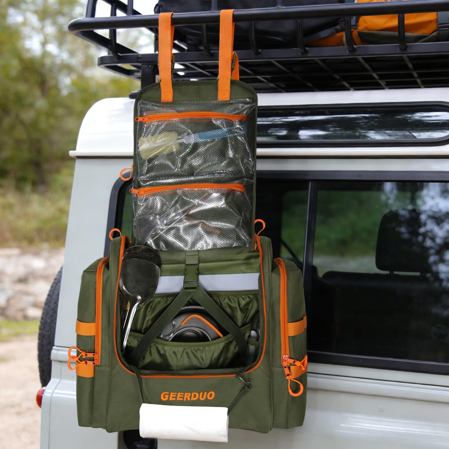 GeerDuo Tactical Camp Kitchen Organizer, Large Camping Utensil Storage Bag with Paper Towel Holder & Multi Pockets, Hanging Outdoor Cookware Organizer for Overlanding