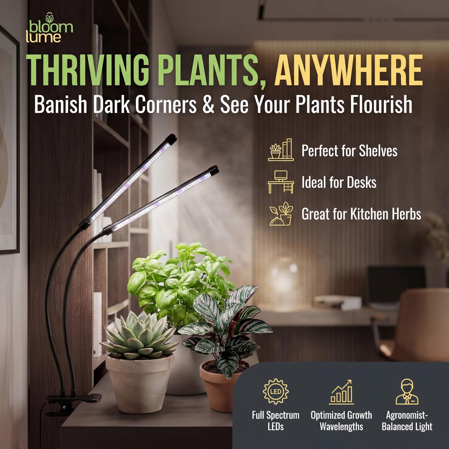 Bloom Lume LED Grow Lights for Indoor Plants Full Spectrum - Features Multi Mode Color Spectrums, Dimmable, Auto Timer, Clip on Goosneck Plant Lamp
