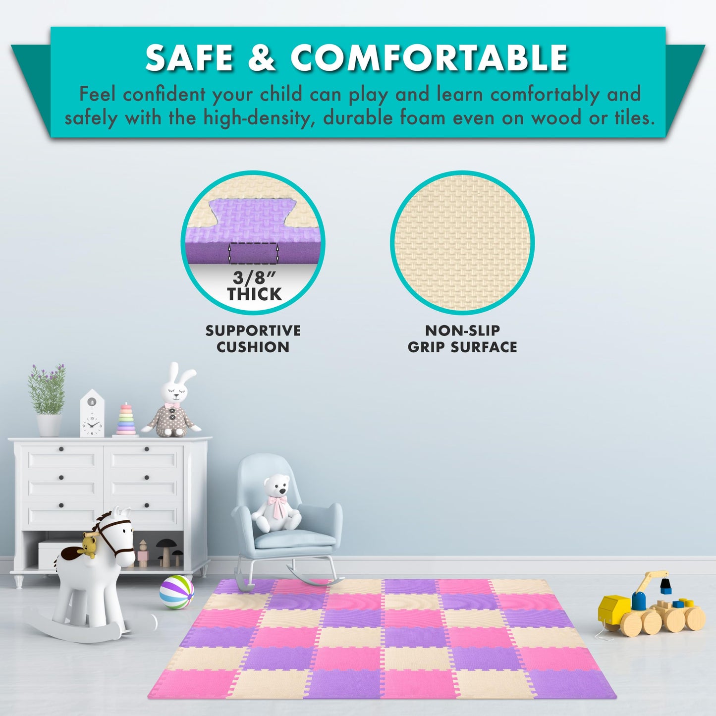 ProSource Baby Play Mat, Soft Foam Floor Tiles for Kids, Interlocking EVA Panels for Playpen Use, Crawling Development Surface, Safe Non-Toxic Toddler Flooring, 72 Tiles, Pink/Purple/Beige