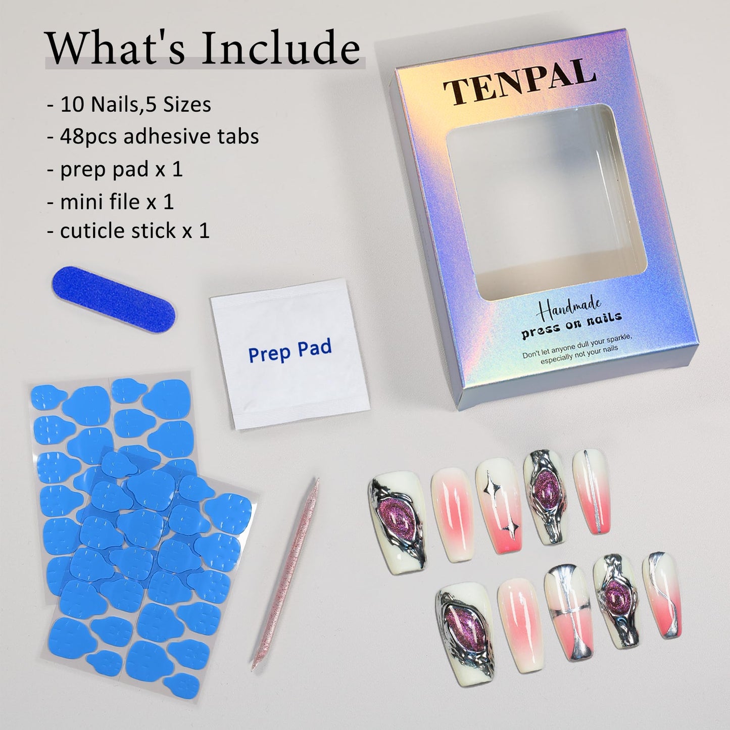TENPAL 10pcs Coffin Press-On Nails Kit,Punk Metal Glam False Nails with Airbrush Blush Designs,Cat Eye Edgy Gradient Pink Nails with Rhinestones,Hip Hop Goth Chrome Fake Nails Set with Tools(M)