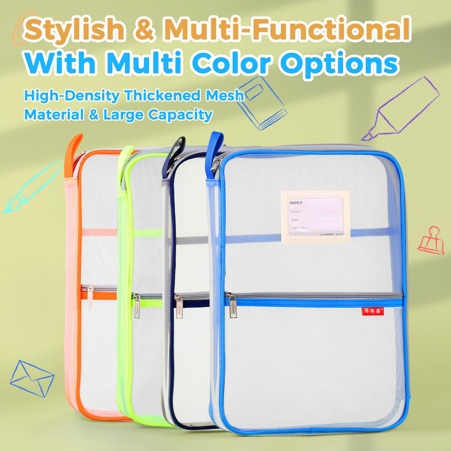 Pendancy Mesh Zipper Pouch 14.8x10.8 in Transparent Lightweight Nylon File Folders, A4 Size Multi-layer Subject Document Organizer Accessories Storage bag for Office and School Supplies(Blue)