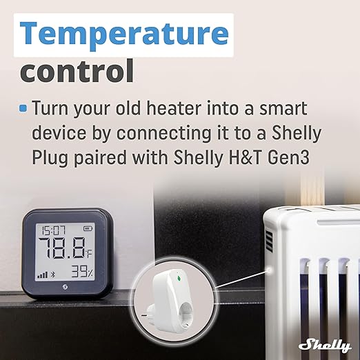 Shelly H&T Gen3 Black | Wi-Fi and Bluetooth Smart Temperature & Humidity Sensor with Remote App Control & Monitoring | Smart Scenes | Notification Alerts | LCD Display | Free Data Storage Export