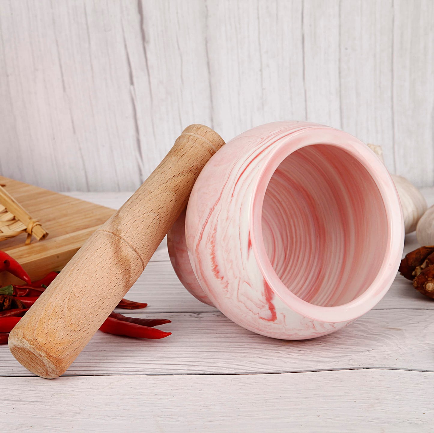 HPYNPES Mortar and Pestle Set- Ceramic Kitchen Mortar and Pestle for Spices, Herbs & More- Durable Mortar with Anti-Slip Base and Sturdy Wooden Pestle with Finest Grinding Ability- 2.6 Cups Capacity
