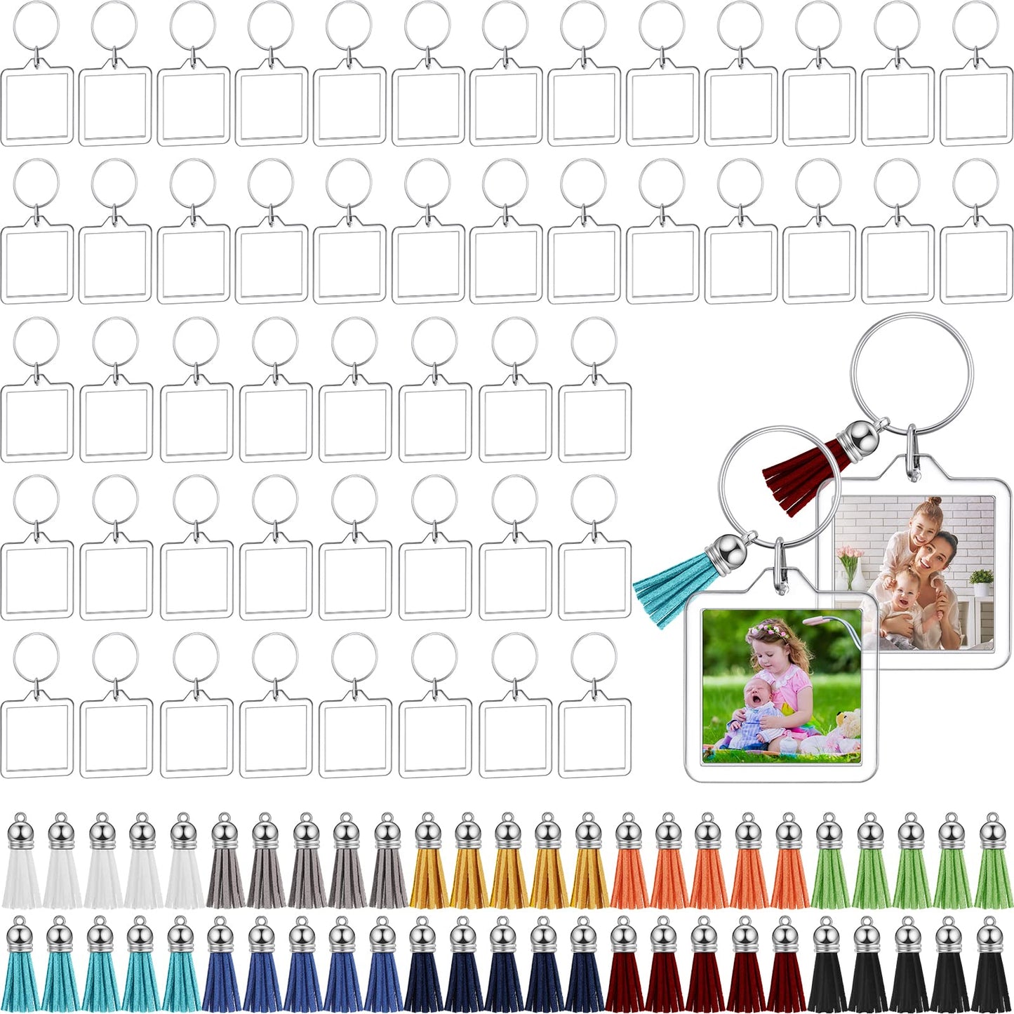 Yaomiao 50 Set Acrylic Photo Keychain with Tassel Clear Blank Custom Keychain Frame Holder Insert Picture Keyring Making Kit (Square)