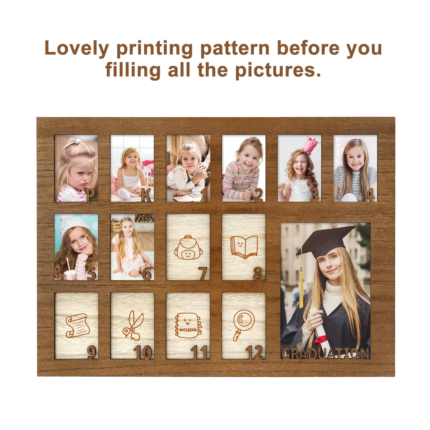FramePro School Years Picture Frame Pre K to 12 Wooden Graduation Gift Collage Frame with Stand Easel, Displays One 4x6 and Twelve 2x3 Wallet Photos