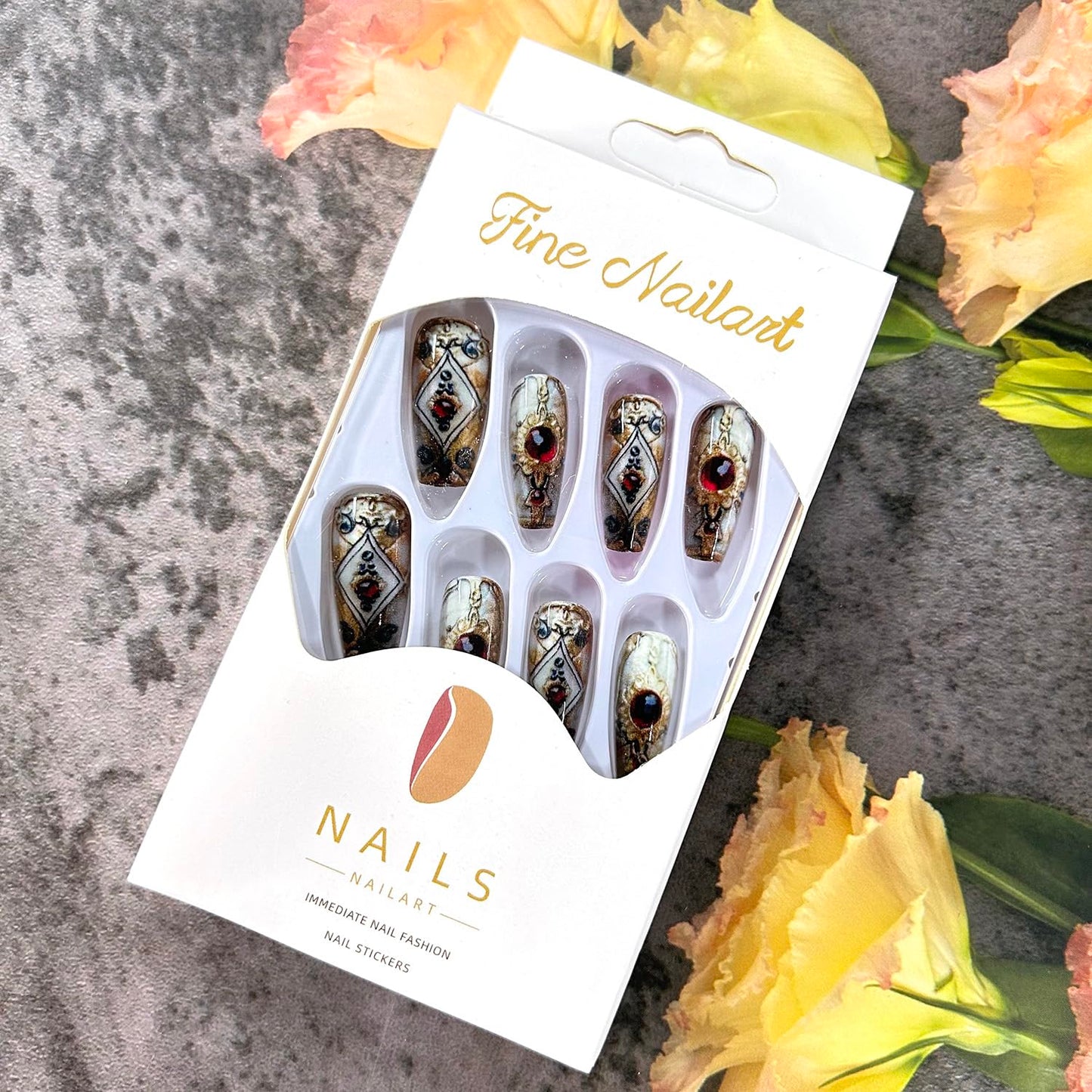 CJDLTS Press on Nails Medium Ballet Shaped Red Rhinestones Golden Totem Pattern Design Acrylic False Nail Full Cover Glossy Artificial Fingernails 24Pcs Reusable Glue on Nails for Women