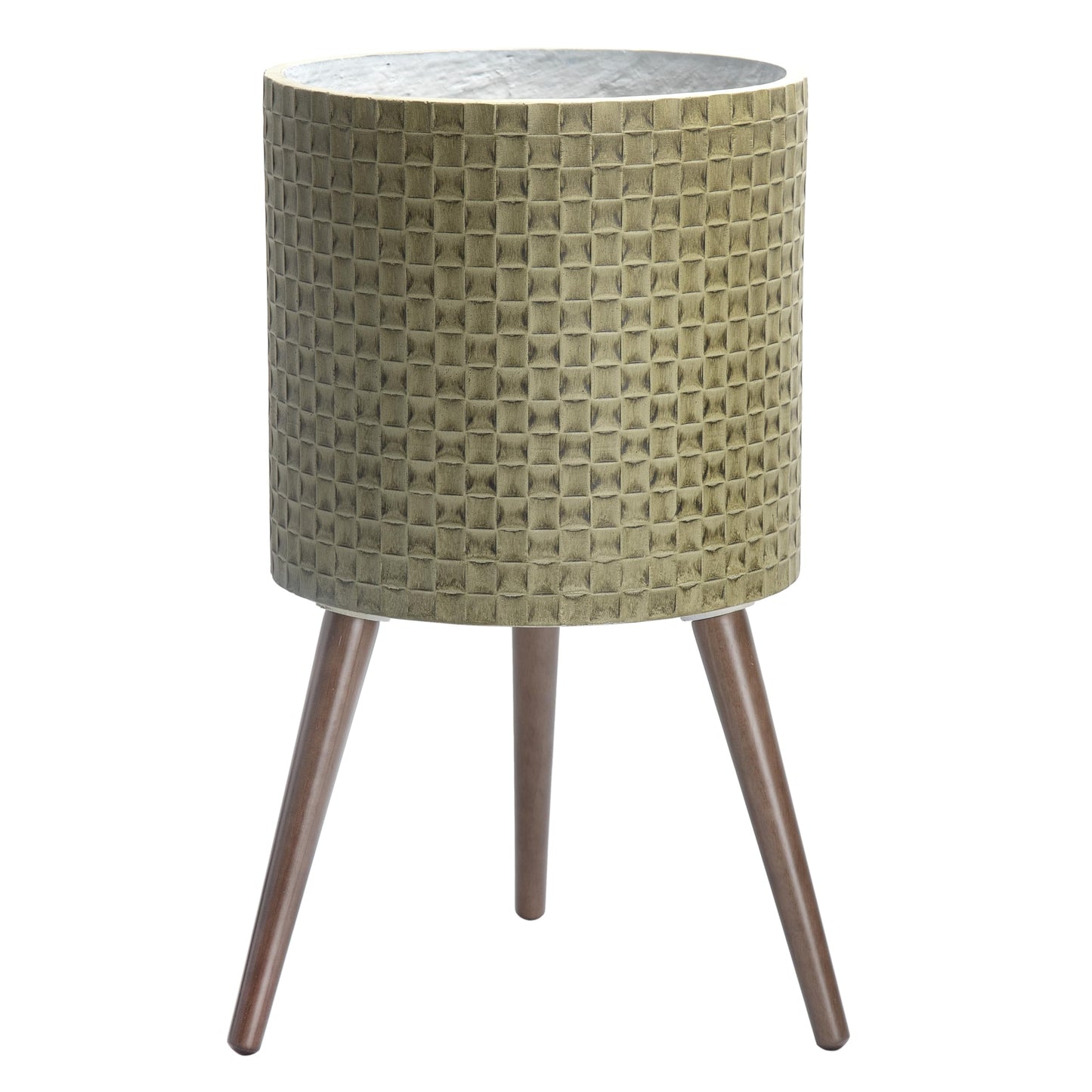 D'vine Dev 14 Inch Modern Geometric Tile Patterned Sleek Planter Pot with Stand, Indoor Outdoor Decorative Plant Holder, Distressed Olive, 88-Z-D-4
