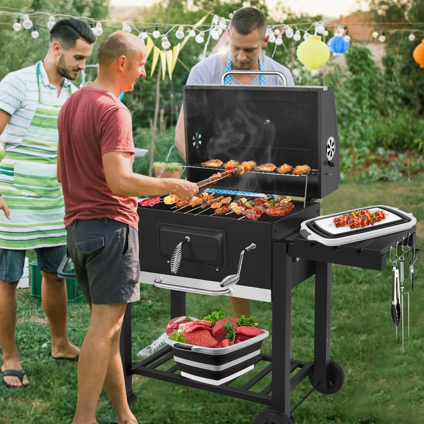 BBQ Prep Tub with Lid and Cutting Board, Collapsible Barbecue Tool Set for Marinating, Meal Prep, Food Storage, Grilling, Camping and Outdoor Cooking, Dishwasher Safe, Black XX-Large