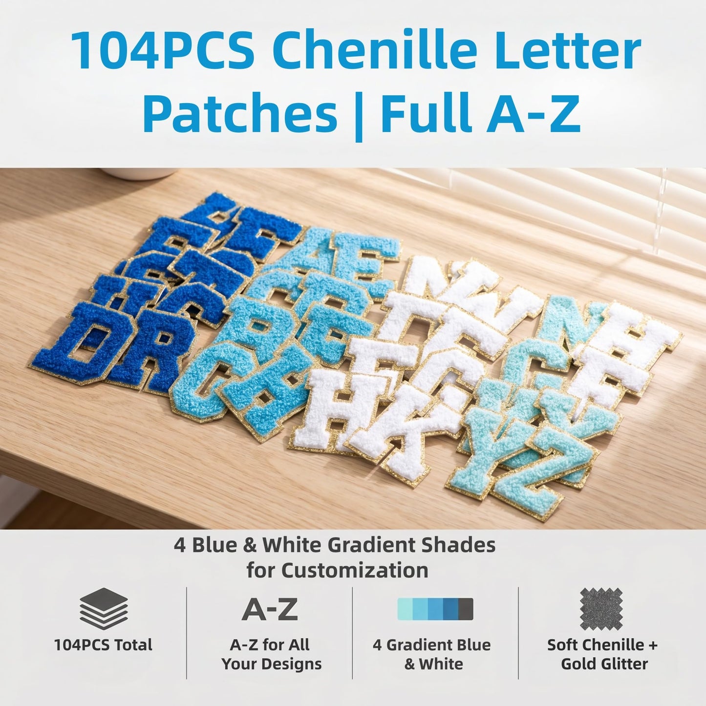 104 Pcs Self Adhesive Chenille Letters & 24 Iron On Stars Kit – Blue Ombre Varsity Letter Patches for Clothes, Backpacks, Hats, DIY Crafts (2.17", Navy/Sky/Light Blue/White)