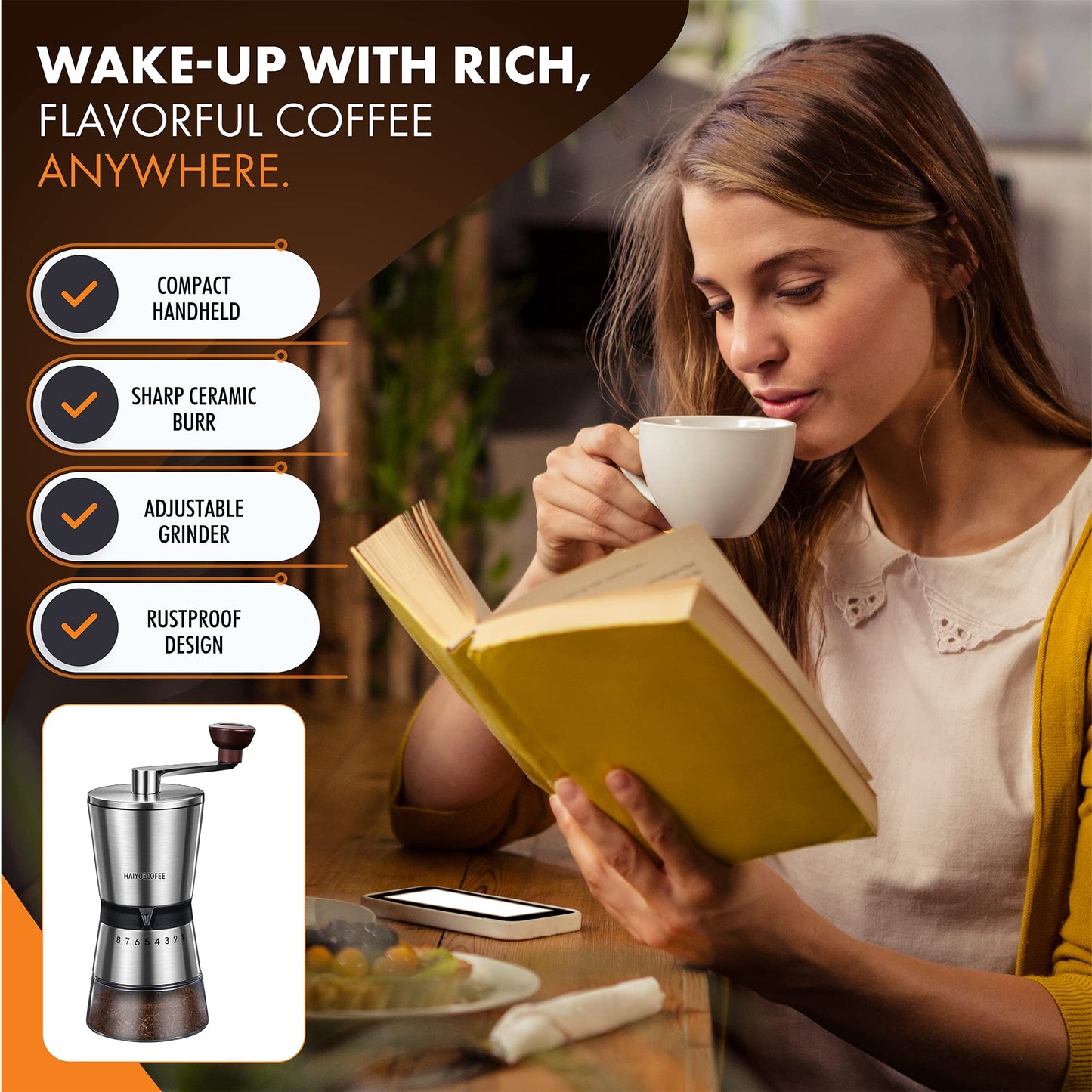 HAIYUECOFEE Manual Coffee Grinder with 8 Adjustable Coarseness Settings, Hand Crank Coffee Mill with Ceramic Burr for Espresso Beans, French Press, Pour Over, Drip Coffee – Rustproof, Non-Dulling