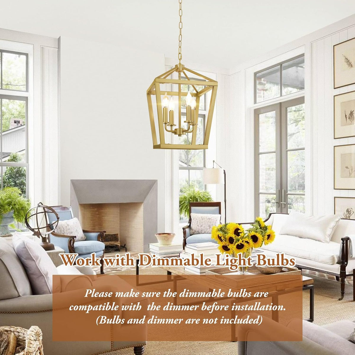 Gold Chandelier 4-Light, Farmhouse Pendant Light Fixture Adjustable Height, Modern Dining Room Light Fixture, Lantern Ceiling Hanging Lighting with Metal Cage for Kitchen Island Entryway Foyer