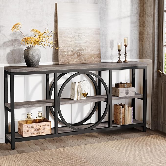 Tribesigns 70.9 Inch Extra Long Console Table for Entryway, Sofa Table Behind Couch with 3 Tier Wood Storage Shelves Industrial Metal Frame for Living Room Hallway Entryway, Black Rustic Gray