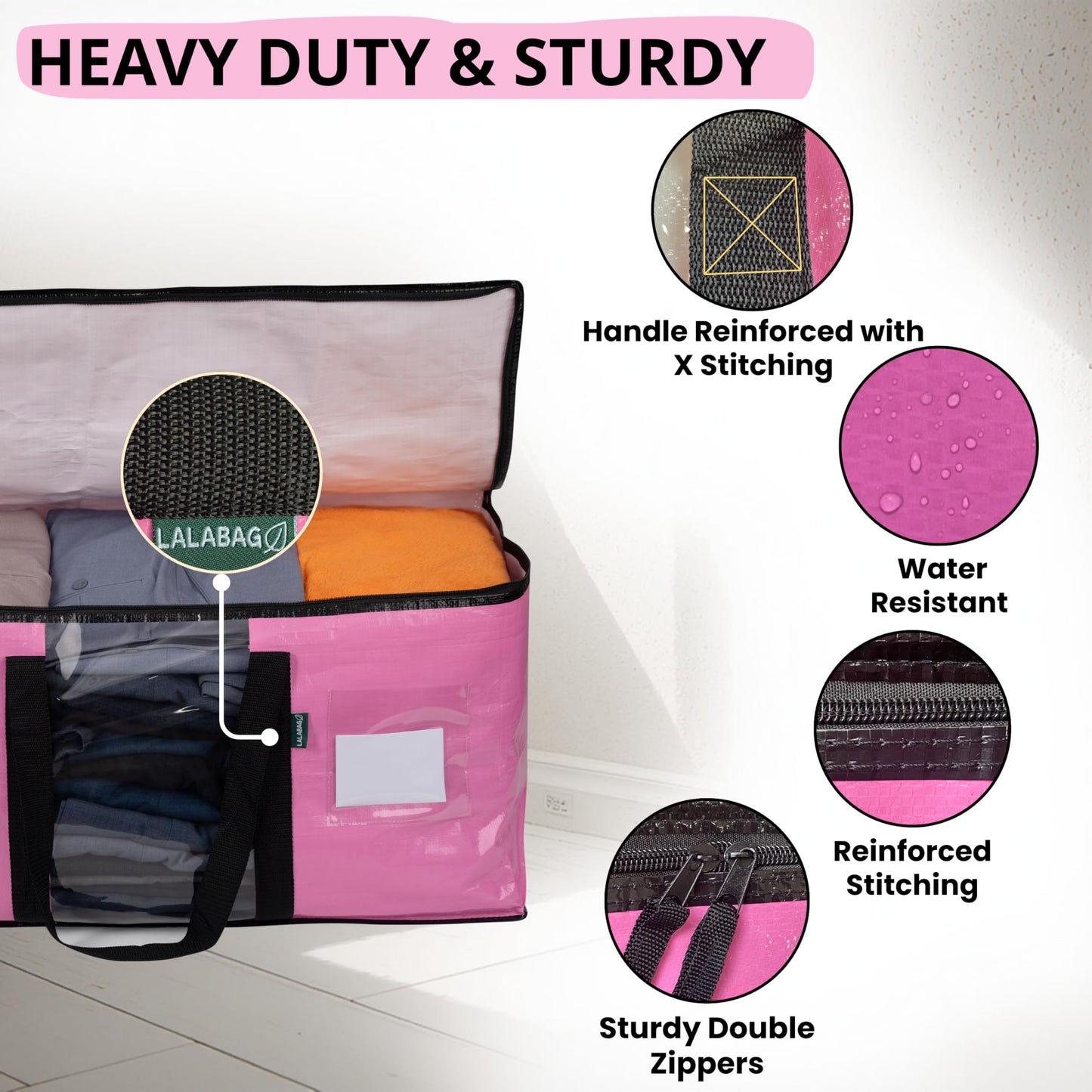 LALABAG 6-Pack Extra Large Moving Bags with Backpack Straps & Side Handles, 50 lbs Heavy Duty Storage Totes, Water-Resistant Clothes Packing Boxes Alternative (Pink)