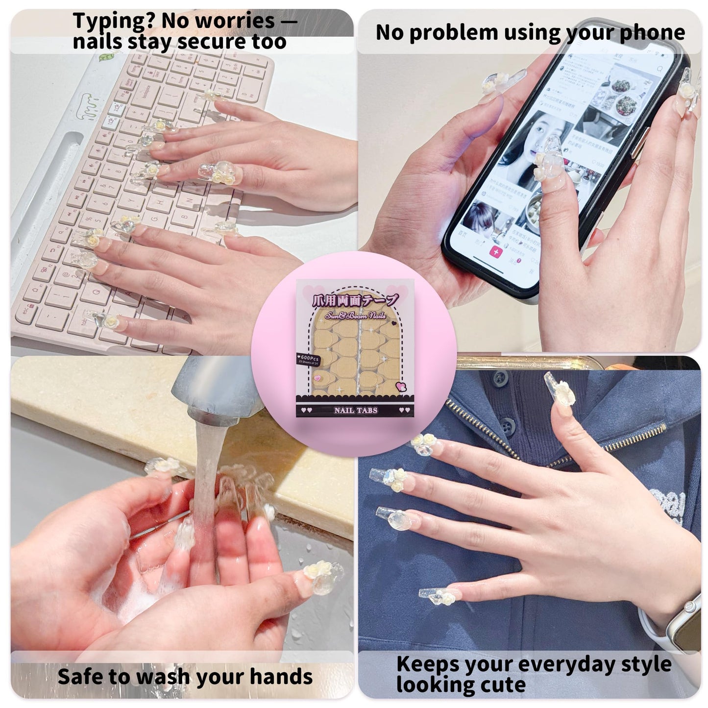 Sun&Beam Nails Jelly Nail Tabs for Press-On Nails 0.3mm Ultra-Thin Waterproof Adhesive 600pcs Strong Hold Double Sided Tabs for Finger (Tool Set with Case)