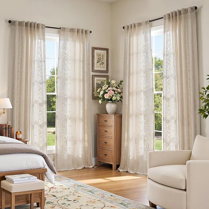 jinchan Winslow Linen Curtains for Living Room Floral Curtains 84 Inch Length Ivory Embroidered Bordered for Sitting Room Farmhouse Decor Light Filtering Window Treatments Set of 4