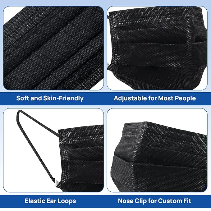 JMU Level 3 Black Disposable Face Mask, 4-Ply Medical Face Masks for Adults, 50 Pack