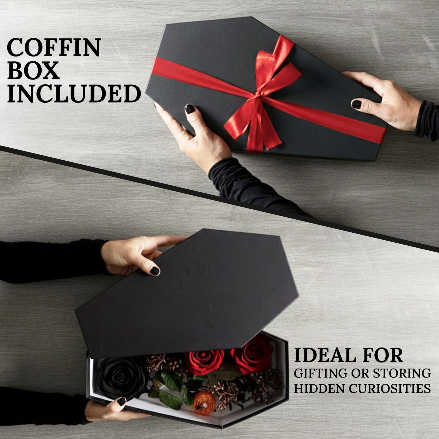 MANNY'S MYSTERIOUS ODDITIES Coffin Shelf and Coffin Gift Box with Spooky Accessories Set - Small Cute Goth Halloween Box 14 by 7 Inches - Black