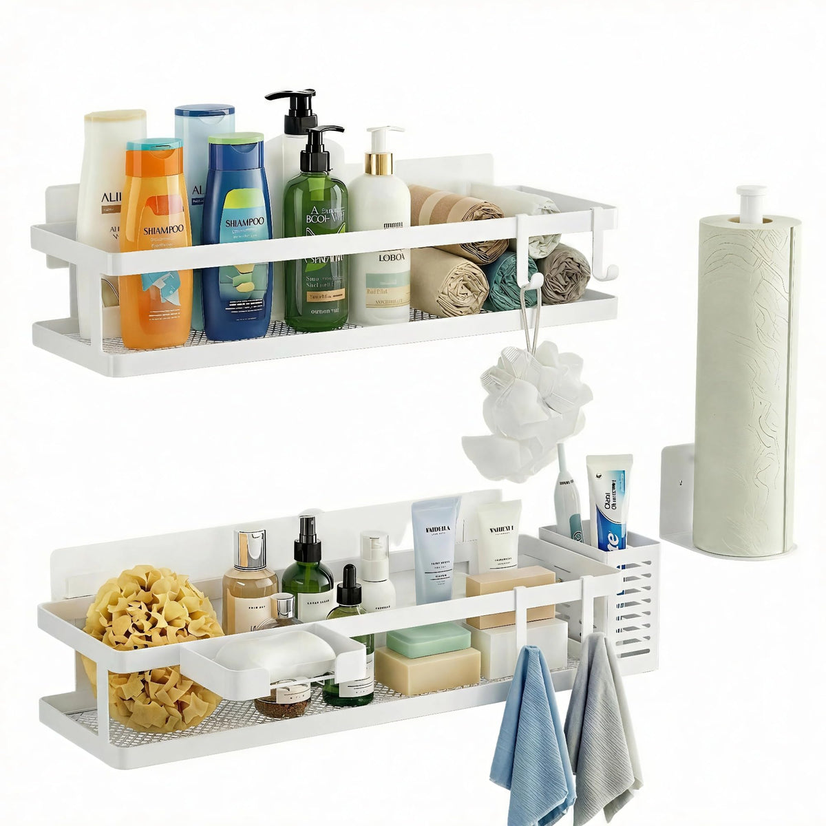 5-in-1 16.5" Extra Long Kitchen Organizer & Shower Caddy Set, Wall Mount Spice Rack with Paper Towel Holder, Utensil Holder & Soap Dish, Rustproof Mesh - White, Guardrail