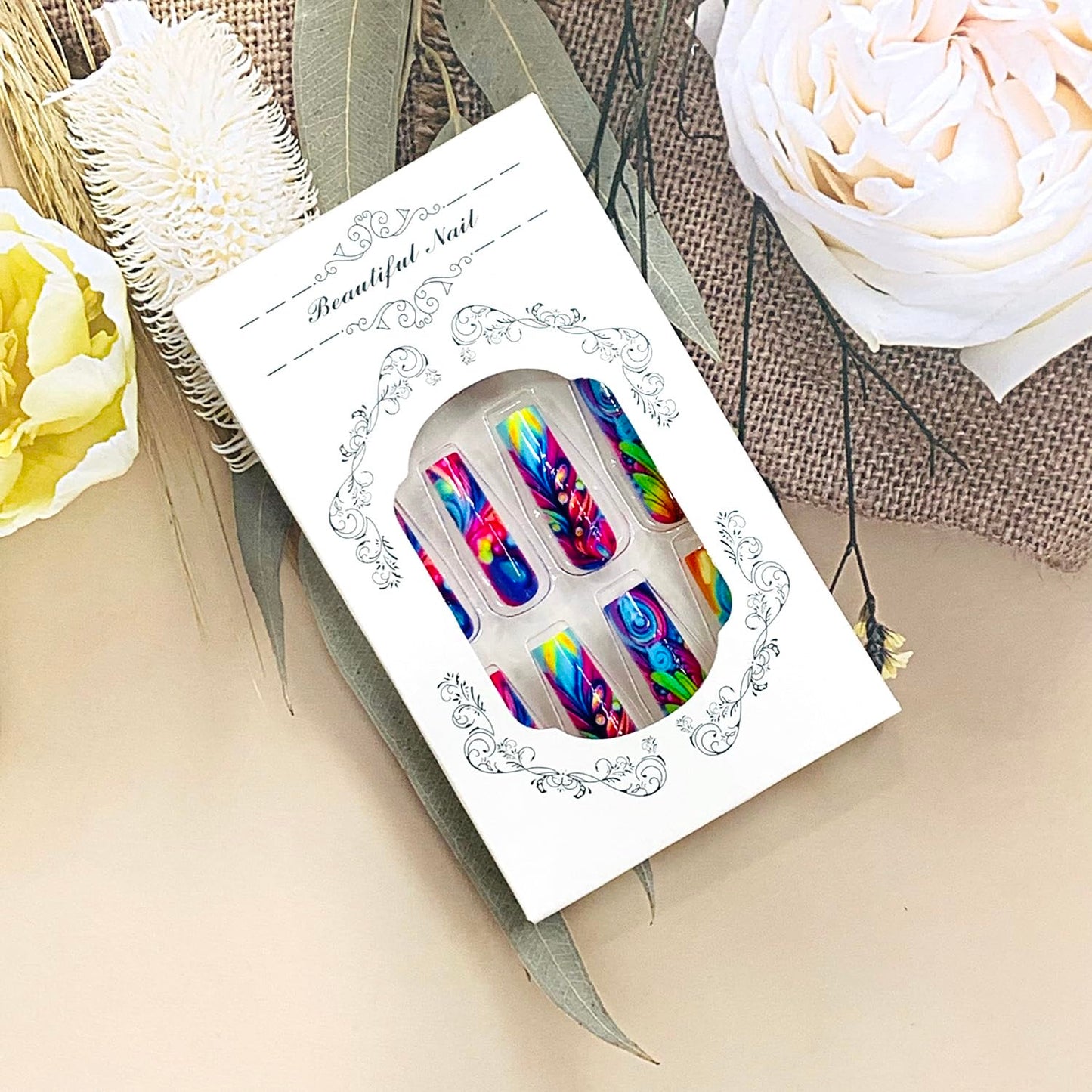 EYZOTSF Press on Nails Long Coffin Shaped Acrylic Square False Nails with Designs Artificial Extra Long Length Coffin Fake Nails with Charms Glue Stick ons Fingernails for Women Girls(Y456)